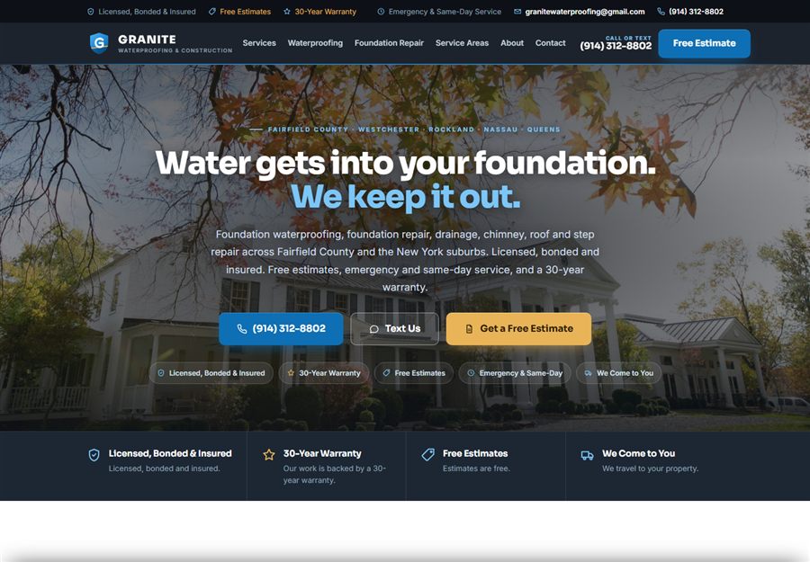 Granite Waterproofing and Construction website built by Blue Grid Media