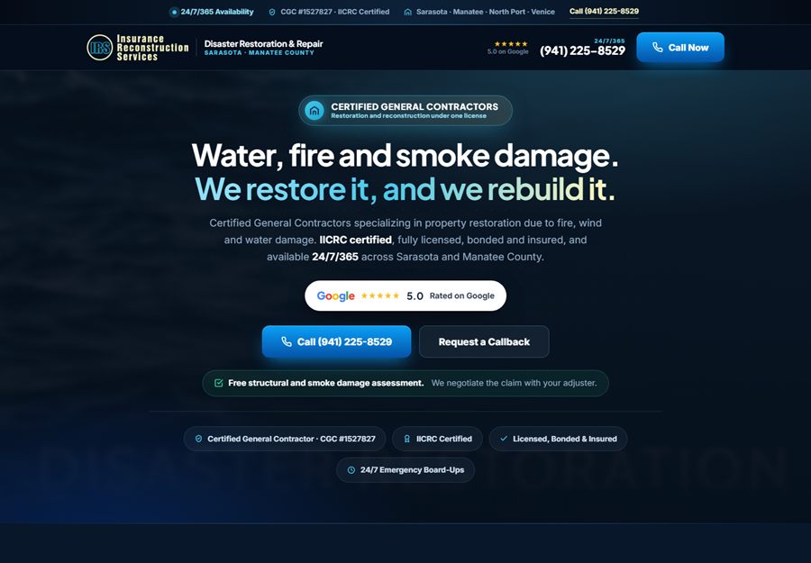 Insurance Reconstruction Services restoration website built by Blue Grid Media