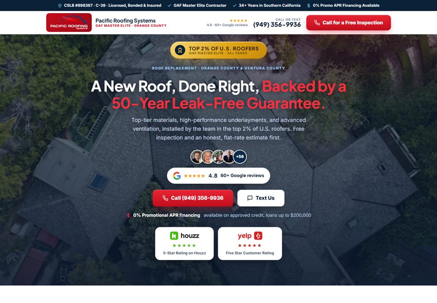 Pacific Roofing Systems roof replacement landing page built by Blue Grid Media