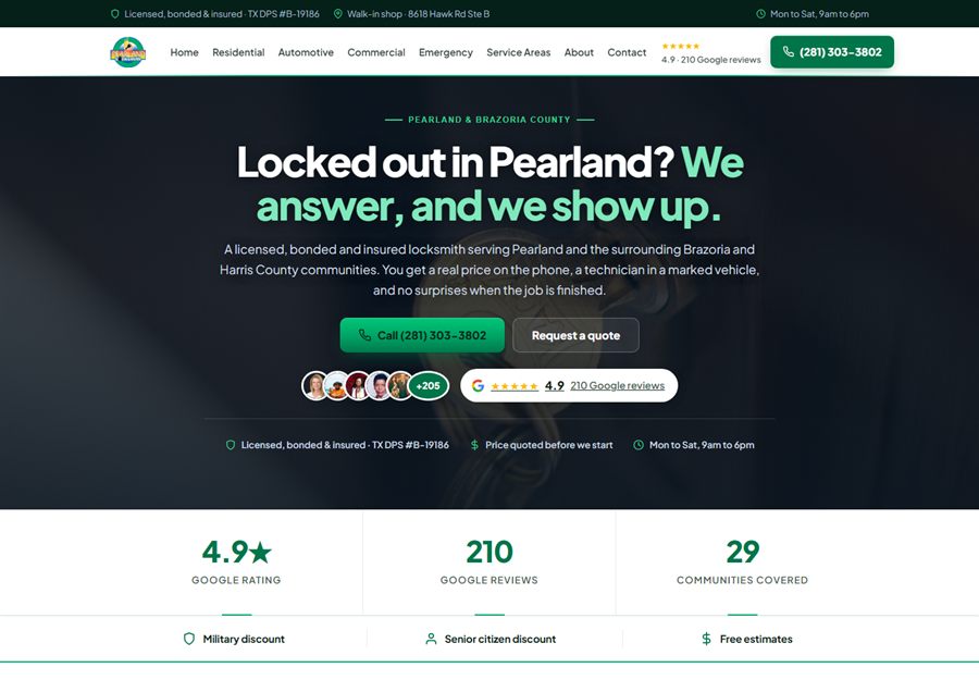 Pearland Locksmith website built by Blue Grid Media